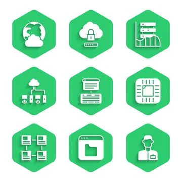 Set Server, Data, Web Hosting, Browser files, Analyst engineer, Processor with Stock Illustration