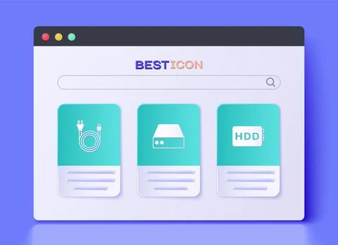 Set Server, Data, Web Hosting, Electric plug and Hard disk drive HDD icon Illustrazione stock