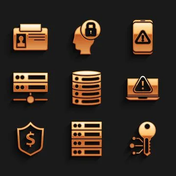 Set Server, Data, Web Hosting, Cryptocurrency key, Laptop with exclamation mark Stock Illustration