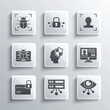 Set Server, Data, Web Hosting, Eye scan, Create account screen, Head with shield Stock Illustration