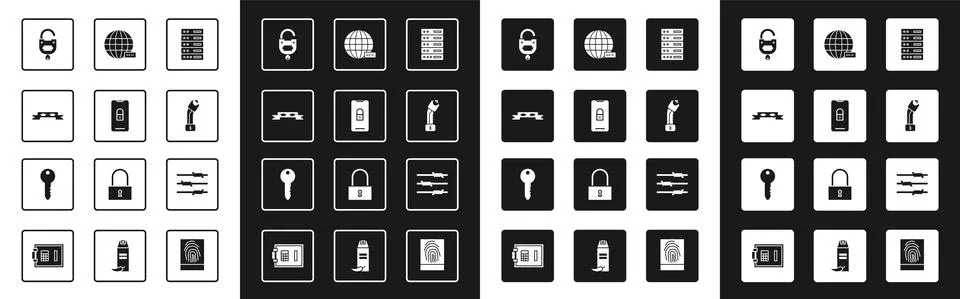 Set Server, Data, Web Hosting, Mobile with closed padlock, Thief eye mask, Lock Illustrazione stock
