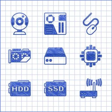 Set Server, Data, Web Hosting, SSD card, Router and wi-fi signal, Processor with Illustrazione stock