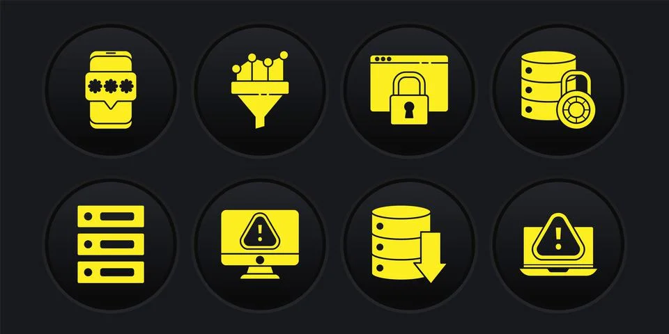 Set Server, Data, Web Hosting, security with lock, Monitor exclamation mark Stock Illustration
