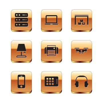 Set Server, Data, Web Hosting, Smartphone, Graphic tablet, Printer, Table lamp Stock Illustration