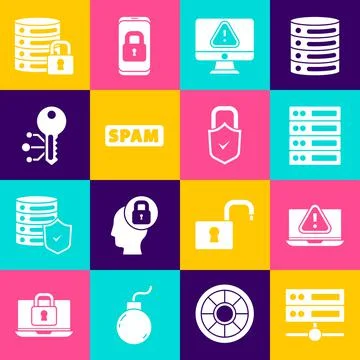 Set Server, Data, Web Hosting, Laptop with exclamation mark, Monitor, Spam Illustrazione stock