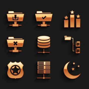Set Server, Data, Web Hosting, , Moon and stars, Folder tree, Police badge and Stock Illustration