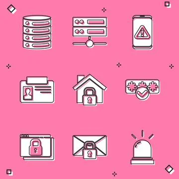 Set Server, Data, Web Hosting, Mobile with exclamation mark, Identification イラスト素材