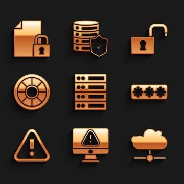 Set Server, Data, Web Hosting, Monitor with exclamation mark, Network cloud Stockillustratie