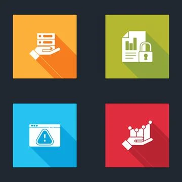 Set Server, Data, Web Hosting, Document and lock, Browser with exclamation mark 스톡 일러스트