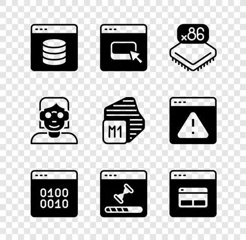 Set Server, Data, Web Hosting, Browser files, Processor with microcircuits CPU 스톡 일러스트