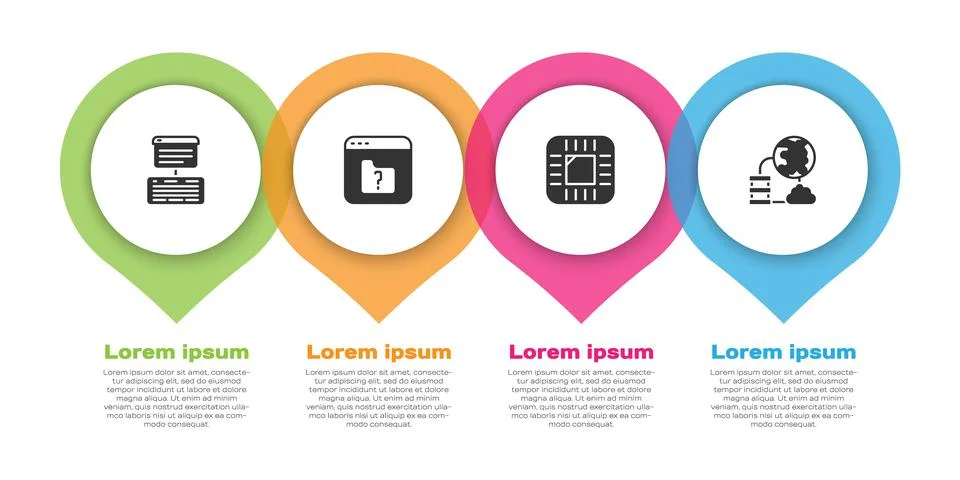 Set Server, Data, Web Hosting, File missing, Processor with CPU and Network Stock Illustration