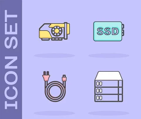 Set Server, Data, Web Hosting, Video graphic card, Electric plug and SSD icon Illustrazione stock