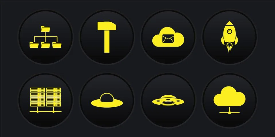 Set Server, Data, Web Hosting, Rocket ship with fire, UFO flying spaceship 스톡 일러스트