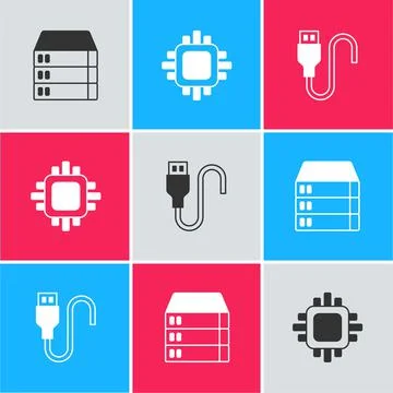 Set Server, Data, Web Hosting, Processor with CPU and USB cable cord icon. Ve Illustrazione stock