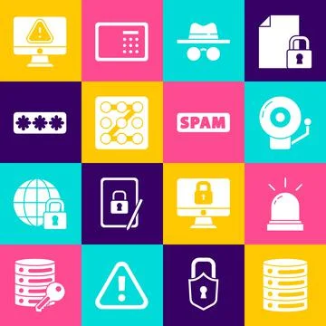 Set Server, Data, Web Hosting, Motion sensor, Ringing alarm bell, Incognito m Stock Illustration