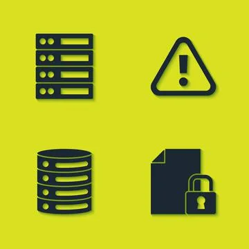 Set Server, Data, Web Hosting, Document and lock, and Exclamation mark triangle 스톡 일러스트