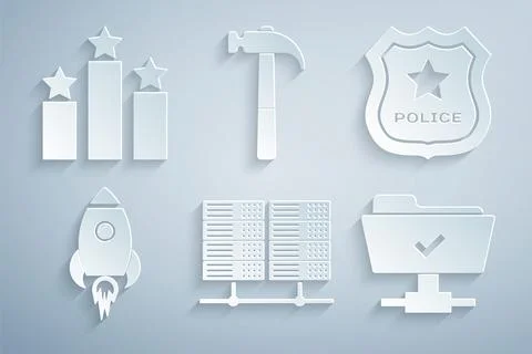 Set Server, Data, Web Hosting, Police badge, Rocket ship with fire, FTP ope.. Stock Illustration