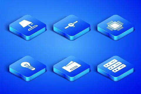 Set Server, Data, Web Hosting, Table lamp, Printer, Light bulb, Wrist watch.. Stock Illustration