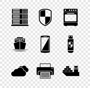 Set Server, Data, Web Hosting, Shield, Oven, Cloud, Printer and Cargo ship icon 스톡 일러스트