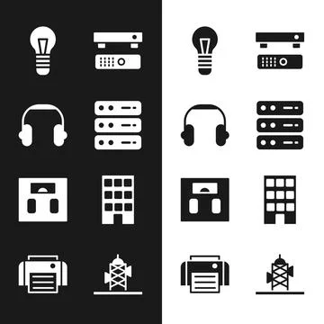 Set Server, Data, Web Hosting, Headphones, Light bulb, Multimedia and TV box Stock Illustration