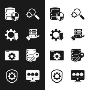 Set Server, Data, Web Hosting, Cost reduction, with shield, Magnifying glass and Stock Illustration