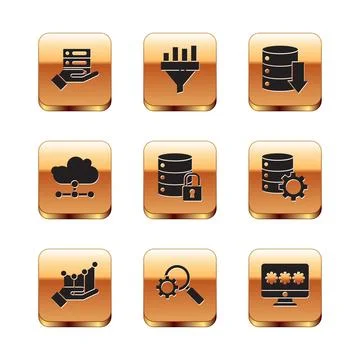 Set Server, Data, Web Hosting, Pie chart infographic, Magnifying glass and gear Stock Illustration