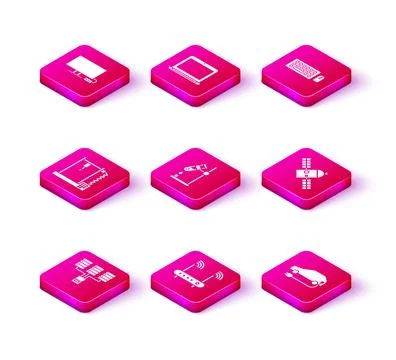 Set Server, Data, Web Hosting, Router and wi-fi signal, 3D printer, Test tube Stock Illustration