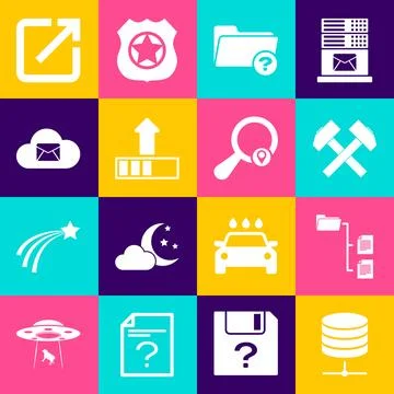 Set Server, Data, Web Hosting, Folder tree, Two crossed hammers, Unknown di.. Stock Illustration