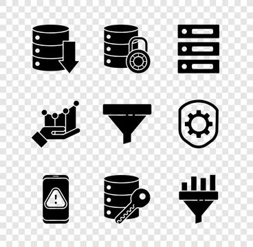 Set Server, Data, Web Hosting, security with lock, Mobile exclamation mark, key Illustrazione stock