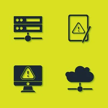 Set Server, Data, Web Hosting, Network cloud connection, Monitor with exclama Stock Illustration