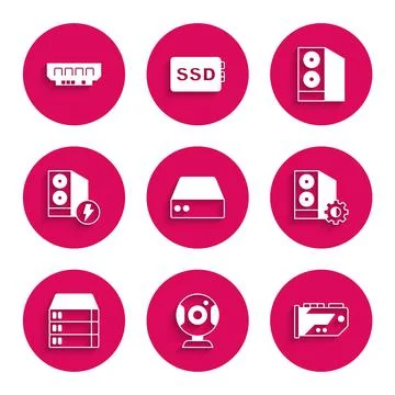 Set Server, Data, Web Hosting, camera, Video graphic card, Case of computer.. Stock Illustration