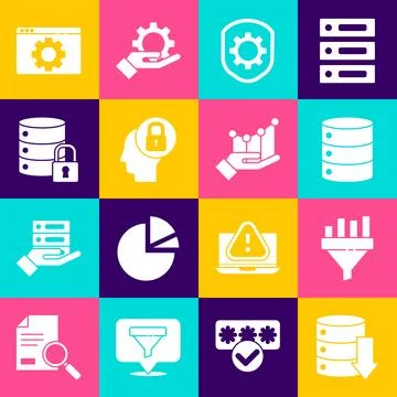 Set Server, Data, Web Hosting, Sales funnel with chart, Shield settings gea.. 스톡 일러스트