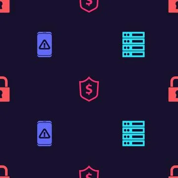 Set Server, Data, Web Hosting, Mobile with exclamation mark, Shield dollar an Stock Illustration