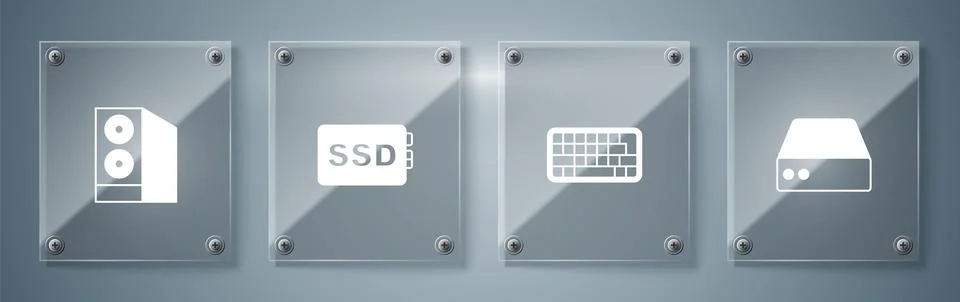 Set Server, Data, Web Hosting, Keyboard, SSD card and Case of computer. Squ.. Illustrazione stock