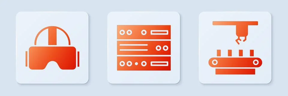 Set Server, Data, Web Hosting, Virtual reality glasses and Factory conveyor.. Stock Illustration