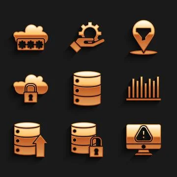 Set Server, Data, Web Hosting, security with lock, Monitor exclamation mark.. 스톡 일러스트