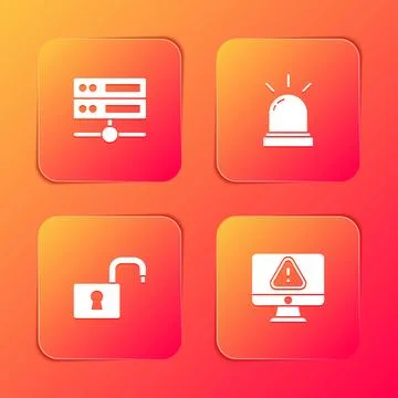 Set Server, Data, Web Hosting, Motion sensor, Open padlock and Monitor with e Stock Illustration