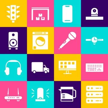 Set Server, Data, Web Hosting, Keyboard, Wrist watch, Smartphone, Washer, S.. Illustrazione stock