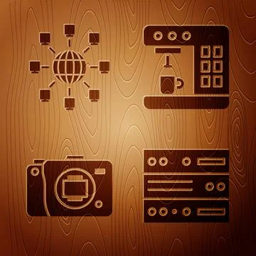 Set Server, Data, Web Hosting, Social network, Mirrorless camera and Coffee.. Illustrazione stock