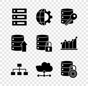 Set Server, Data, Web Hosting, Globe of the Earth and gear, security with k.. Stock Illustration