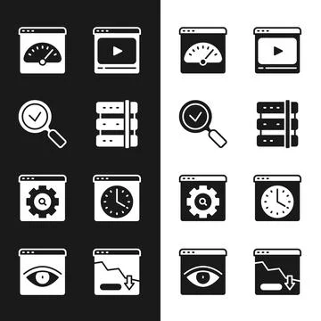 Set Server, Magnifying glass with check mark, Digital speed meter, Online p.. Stock Illustration