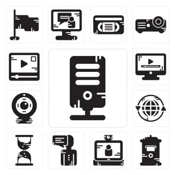 Set of Server, Mailbox, Video call, User, Hourglass, Earth grid, Webcam, play Illustrazione stock gratuita
