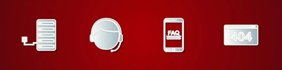 Set Server, Man with a headset, Mobile FAQ information and Page 404 error icon Illustrazione stock