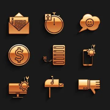 Set Server, Open mail box, Dislike, Mobile service, Computer monitor, Coin .. Stock Illustration