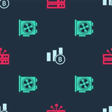 Set Server, Pie chart infographic bitcoin and Video card on seamless pattern 스톡 일러스트