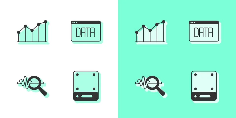 Set Server, Pie chart infographic, Search data analysis and Data icon. Vector Stock Illustration