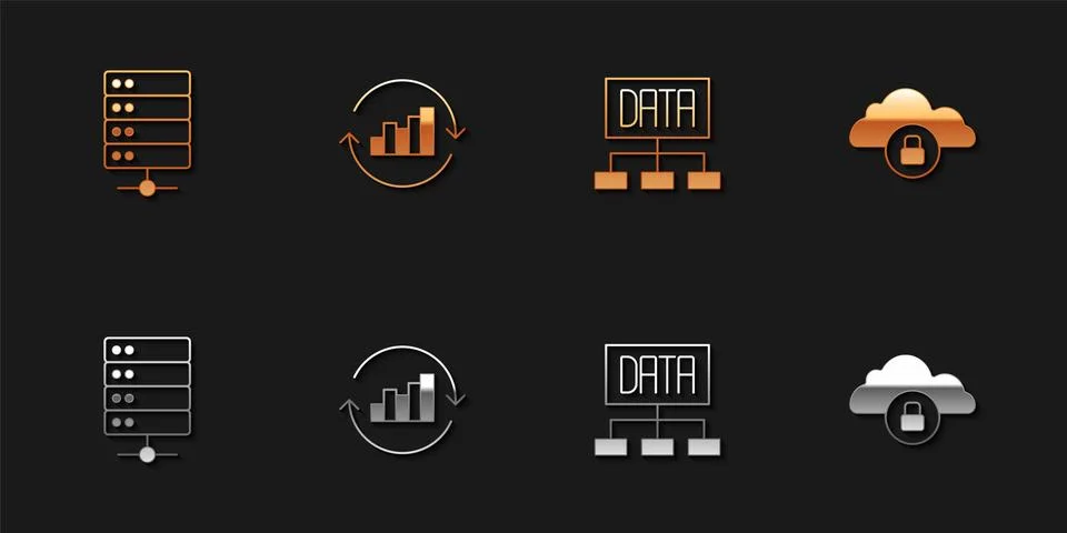 Set Server, Pie chart infographic, Data analysis and Cloud computing lock icon Illustrazione stock