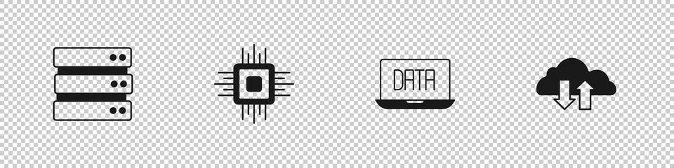 Set Server, Processor CPU, Data analysis and Cloud download and upload icon Stock Illustration