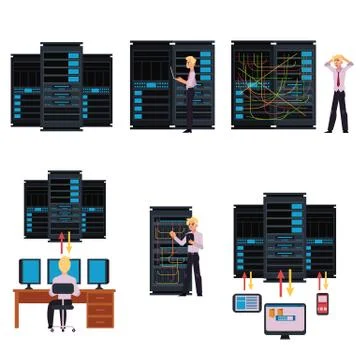 Set of server room images with data center and young system administrator. Stock Illustration