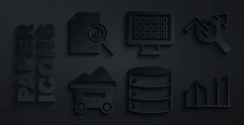 Set Server, Search data analysis, Coal mine trolley, Pie chart infographic Stock-Illustration